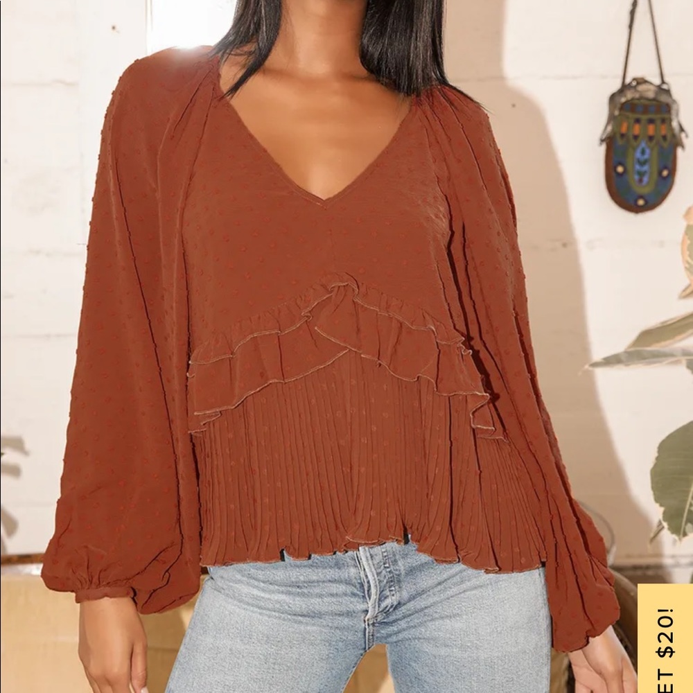 NWOT, Lulu’s Thrills and Frills Rust Orange Swiss Dot Ruffled Long Sleeve Top XS